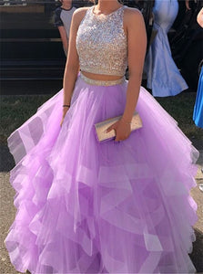 Two Piece Lilac A Line Tulle Sequins Prom Dresses