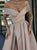 A Line Off the Shoulder V Neck Satin Champagne Prom Dresses with High Split 