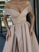 A Line Off the Shoulder V Neck Satin Champagne Prom Dresses with High Split 