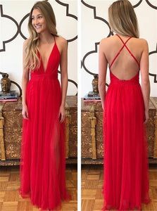 A Line Criss Cross Red Tulle Prom Dresses