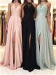 A Line Lace Halter Long Chiffon Split Prom Dresses