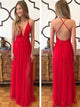 Red Tulle Floor Length Sleeveless Prom Dresses with Pleats