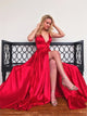 A Line V Neck Satin Prom Dresses with Sweep Train