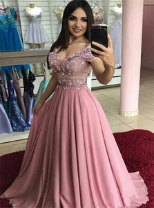 Cap Sleeves V Neck Blush Pink Lace Pearls Prom Dresses