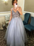 A Line Straps V Neck Tulle Prom Dresses with Beadings LBQ0638