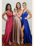 A Line Satin V Neck Slit Prom Dresses LBQ1306