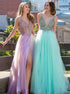 A Line Sleeveless V Neck Floor Length Beadings Tulle Prom Dresses LBQ0708