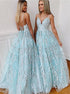 Blue Lace Up V Neck Tulle Prom Dresses LBQ1033