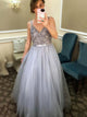 A Line Straps V Neck Tulle Floor Length Prom Dresses with Beadings