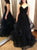 A Line V Neck Black Sequins Prom Dresses