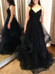 A Line V Neck Black Sequins Prom Dresses