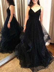 A Line V Neck Black Backless Tulle Prom Dresses