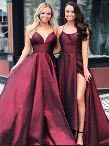 Burgundy V Neck A Line Satin Sweep Train Prom Dresses with Slit