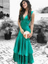 V Neck Green Open Back Satin Prom Dresses LBQ1063