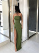 Floor Length Green Satin Prom Dresses With Split 