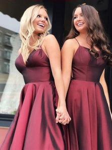 Burgundy V Neck A Line Satin Prom Dresses