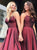 Burgundy V Neck A Line Satin Prom Dresses