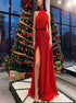 Red Halter A Line Backless Sexy Slit Sleeveless Prom Dresses LBQ0789