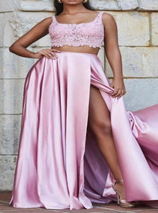 A Line Two Piece Pink Prom Dresses with Split