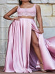 A Line Two Piece Pink Prom Dresses with Split