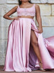 A Line Two Piece Pink Prom Dresses with Split