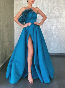A Line Peacock Blue Prom Dresses with Pleats