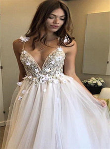 Spaghetti Straps V Neck A Line Tulle Ivory Open Back Prom Dresses