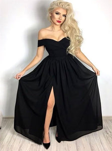 Black A Line Off the Shoulder Chiffon Prom Dresses with Slit 