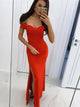 Off the Shoulder Satin Red Floor Length Prom Dresses with SLit