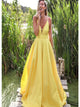 A Line Yellow V Neck Open Back Satin Prom Dresses