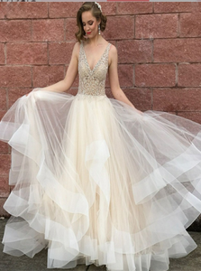 A Line Open Back Champagne Tulle Appliques Prom Dresses