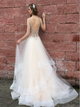 A Line Open Back Champagne Tulle Sweep Train Prom Dresses