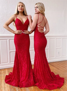 V Neck Red Mermaid Lace Prom Dresses