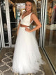 White A Line Two Pieces Beadings Prom Dresses