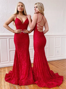 Red Criss Cross Sweep Train Prom Dresses with Appliques