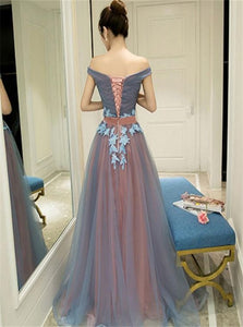 A Line Off the Shoulder Tulle Lace Up Blue and Pink Prom Dresses with Appliques