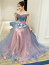 A Line Off the Shoulder Tulle Lace Up Prom Dresses with Appliques LBQ0752