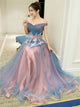 A Line Off the Shoulder Tulle Lace Up Prom Dresses with Appliques