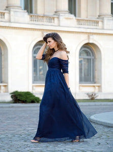 A Line Off the Shoulder Tulle Blue Floor Length Prom Dresses with Pleats