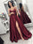 Spaghetti Straps Burgundy Sweep Train Prom Dresses with Split