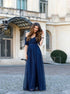 A Line Off the Shoulder Tulle Blue Prom Dresses with Pleats LBQ0514