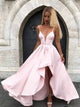 A Line Spaghetti Straps Split V Neck Pink Prom Dresses