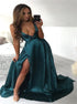 Deep V Neck Teal Prom Dresses with Slit LBQ1145