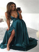 Teal Satin Sleeveless Prom Dresses with Sweep Train