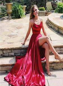 A Line High Slit Lace Up Red Satin Sleeveless Prom Dresses