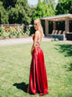 A Line High Slit Lace Up Red Satin Prom Dresses