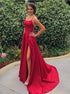 A Line High Slit Lace Up Red Satin Prom Dresses LBQ0715