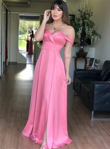 A Line Off the Shoulder Pink Satin Prom Dresses with Split 