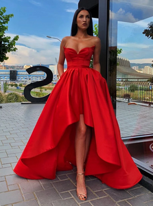 Sweetheart Neck Red High Low Satin Prom Dresses