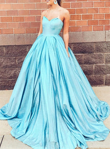 A Line Sweetheart Blue Sweep Train Prom Dresses with Pleats